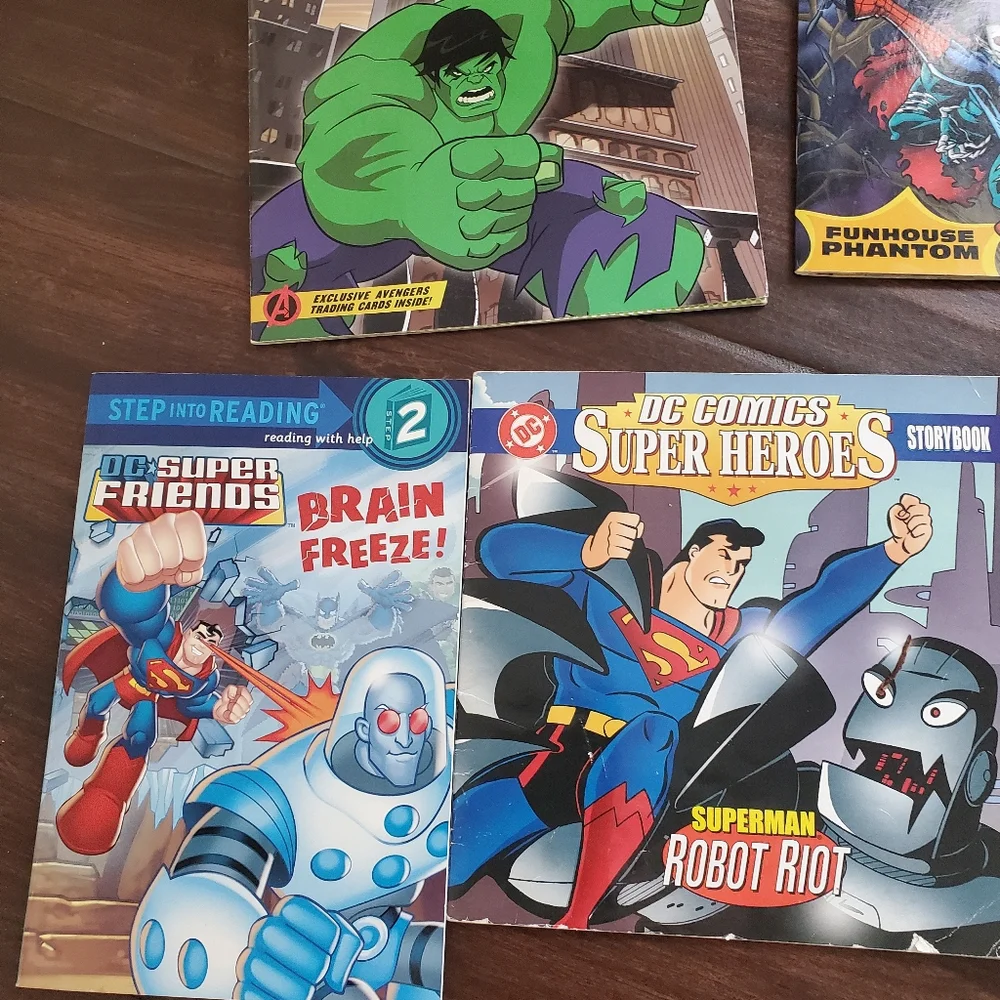 8 superhero books level 1 and 2 reading 2 are a bit more worn